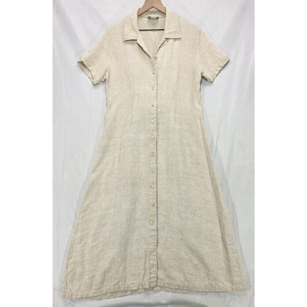 Vtg Norm Thompson Linen Midi Shirt Dress Ecru Button Front 90s Coastal Grandma S